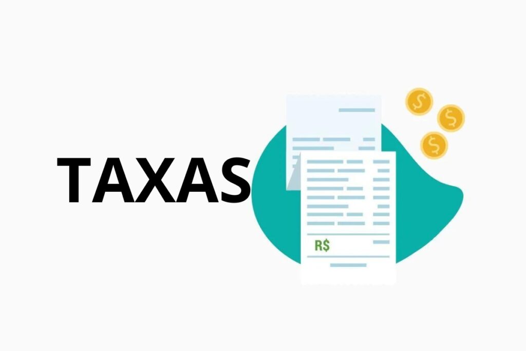 Documento fiscal e moedas simbolizando impostos e taxas.
