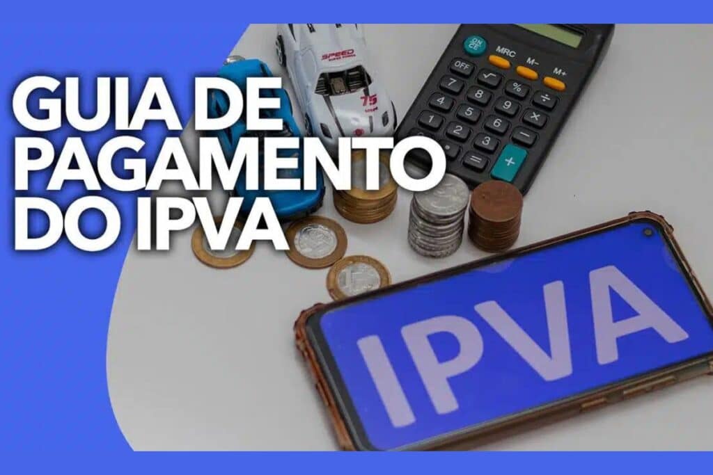 Calculadora, moedas, guia IPVA.