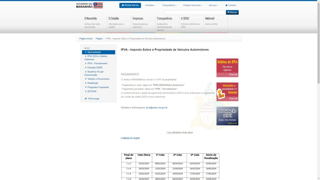 Site do IPVA Maranhão com informações sobre pagamento.