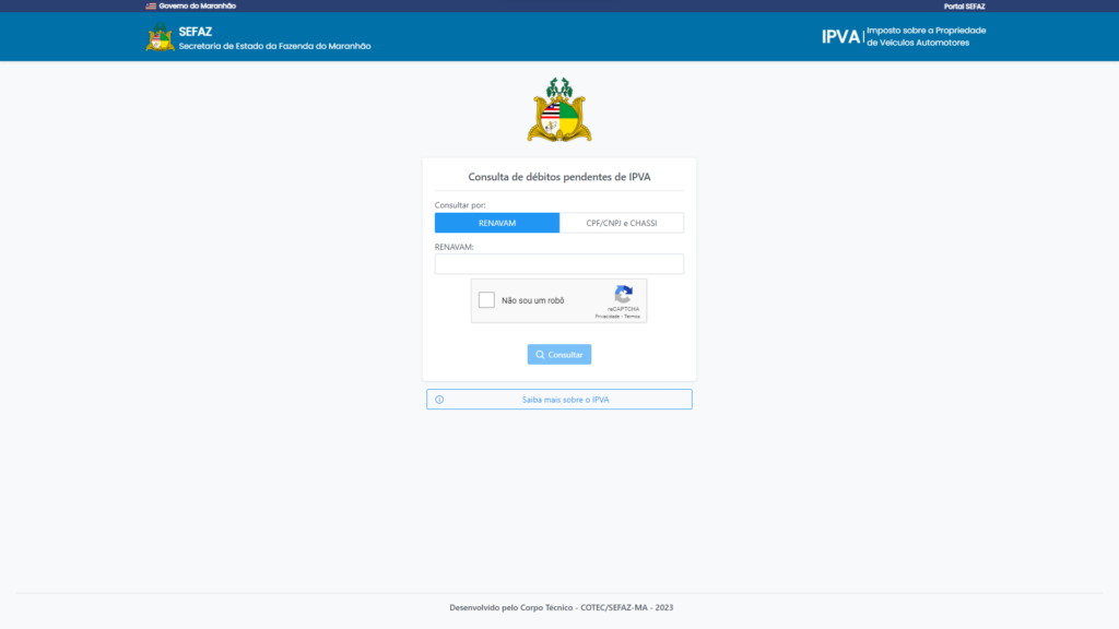 Tela de consulta de IPVA SEFAZ Maranhão.